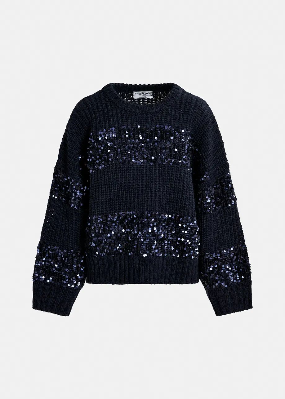 Essentiel Antwerp Navy Blue Group Knit Sweater with Sequin Embellished Stripes