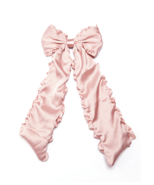 Madein. Satin Ruffled Long Ribbon Bow Clip In Blush Pink