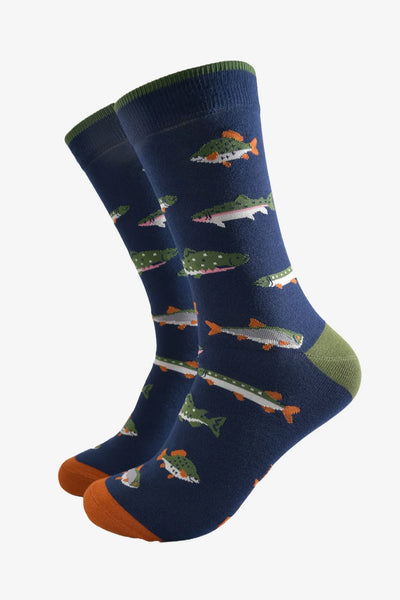 Miss Shorthair Ltd 4520rifinb Men's Bamboo Socks - Navy Blue, River Fishing