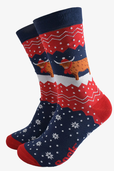 Miss Shorthair Ltd 4510chhcnb Men's Bamboo Socks - Navy Blue, Christmas Highland Cow