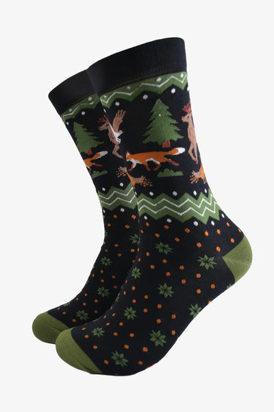 Miss Shorthair Ltd 4512wlanb Men's Bamboo Socks - Black, Woodland Animals