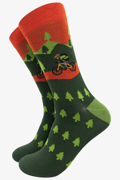 Miss Shorthair Ltd 4475bifogr Men's Forrest And Bike Scene Bamboo Socks In Green Brown