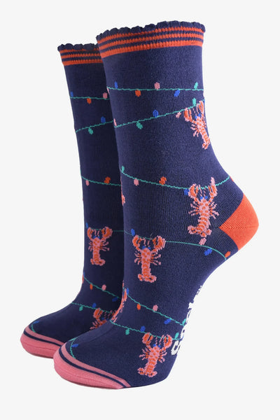 Miss Shorthair Ltd 4509lolinb Women's Bamboo Socks - Navy Blue, Lobster Party Lights