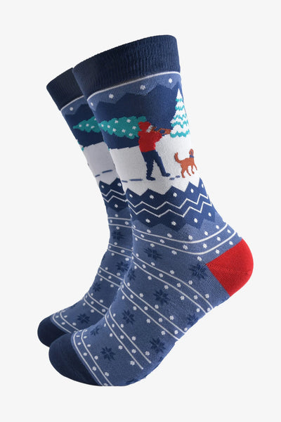 Miss Shorthair Ltd 4511madobl Men's Bamboo Socks - Blue, Christmas Man And His Dog