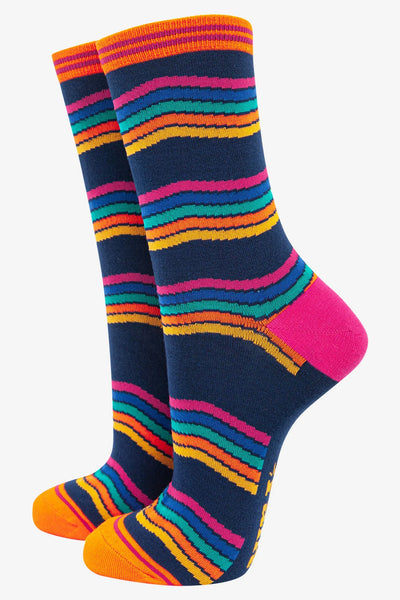 Miss Shorthair Ltd 4484rastnb Women's Rainbow Stripe Band Bamboo Socks In Navy Blue Multi