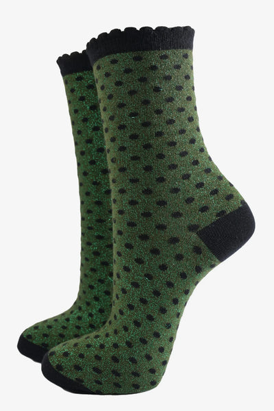 Miss Shorthair Ltd 4493khb12 Women's Scalloped Cuff Socks - Khaki, Glitter Polka Dots