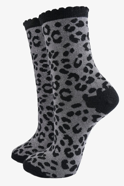 Miss Shorthair Ltd 4501dgb1 Women's Scalloped Cuff Socks - Silver, Glitter Leopard Print