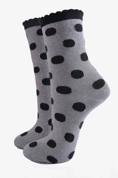 Miss Shorthair Ltd 4518dgb1 Women's Scalloped Cuff Glitter Socks - Dark Grey Black, Medium Polka Dots