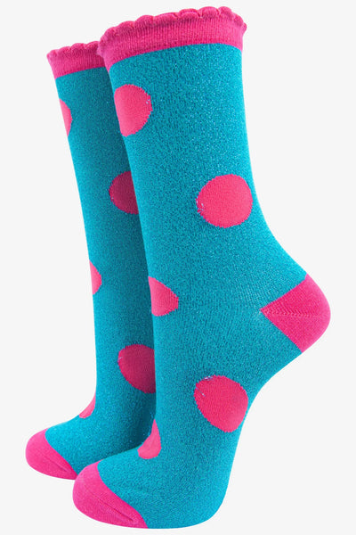 Miss Shorthair Ltd 4492tuhp8 (Coded As 4459) Cotton Blend Socks With Large Glitter Spot & Scalloped Cuff In Turquoise Hot Pink