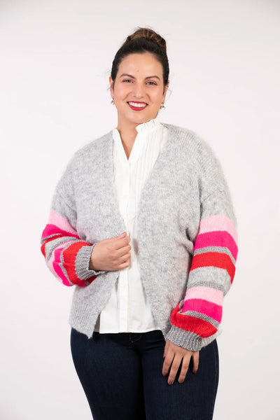 Miss Shorthair Ltd 7018lgre Wool Blend Colour Block Sleeve Cardigan In Light Grey Red