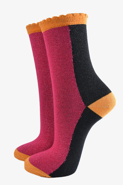 Miss Shorthair Ltd 4494pib Women's Ankle Socks - Pink Black, Glitter Colour Block