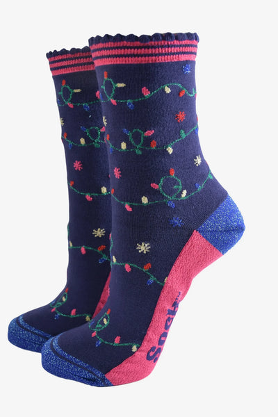 Miss Shorthair Ltd 4508palinb Women's Bamboo Socks - Navy Blue, Party Lights