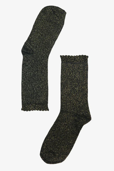 Miss Shorthair Ltd 4898bgo.1 Womens Black Glitter Socks Gold Shimmer Sparkly Ankle Socks With Scalloped Cuff