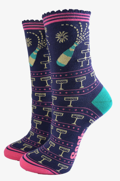 Miss Shorthair Ltd 4508prconb Women's Bamboo Socks - Navy Blue, Champagne Celebration