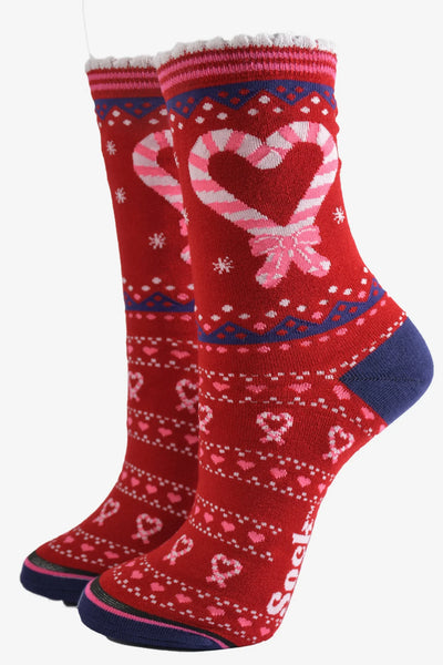 Miss Shorthair Ltd 4507ccfire Women's Bamboo Socks - Red, Candy Cane Hearts