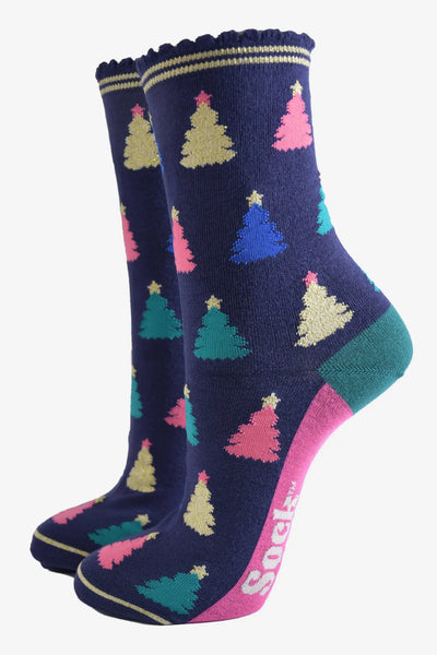 Miss Shorthair Ltd 4505chtrnb Women's Bamboo Socks - Navy Blue, Christmas Tree Repeat