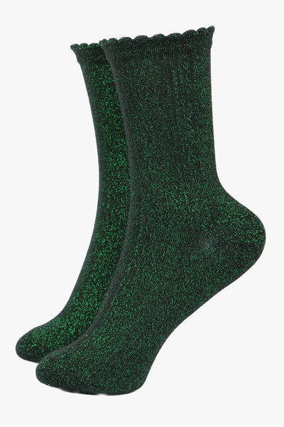 Miss Shorthair Ltd 4898b11.1 Black Bright Green All Over Glitter Socks With Scalloped Cuff