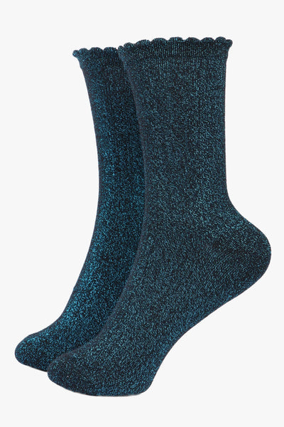 Miss Shorthair Ltd 4898b13.1 Black Turquoise All Over Glitter Socks With Scalloped Cuff