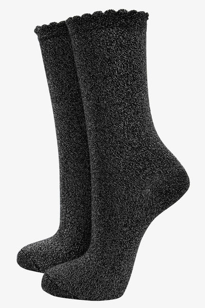 Miss Shorthair Ltd 4898bsi1.1 Womens Black Glitter Socks Silver Sparkly Ankle Socks Shimmer With Scalloped Cuff