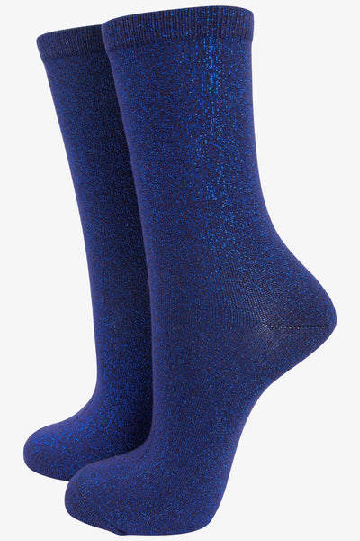 Miss Shorthair Ltd 4898mb21 Cotton Blend All Over Glitter Ankle Socks In Midnight Blue