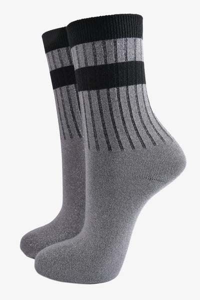 Miss Shorthair Ltd 4504dgb1 Women's Sports Socks - Dark Grey, Glitter With Stripe Cuff