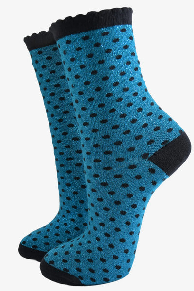 Miss Shorthair Ltd 4493teb14 Women's Scalloped Cuff Socks - Teal, Glitter Polka Dots