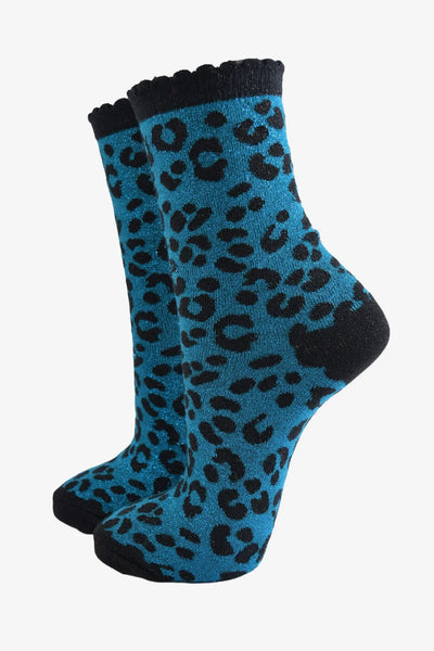 Miss Shorthair Ltd 4501teb14 Women's Ankle Socks - Teal , Glitter Leopard Print