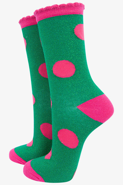 Miss Shorthair Ltd 4492grhp8 (Coded As 4459) Cotton Blend Socks With Large Glitter Spot & Scalloped Cuff In Green Hot Pink