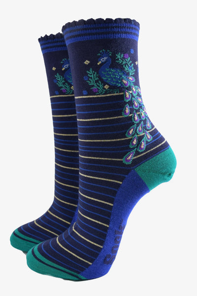 Miss Shorthair Ltd 4508peacnb Women's Bamboo Socks - Navy Blue, Peacock Wreath