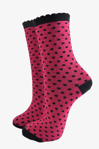 Miss Shorthair Ltd 4493pib8 Women's Scalloped Cuff Socks - Pink, Glitter Polka Dots