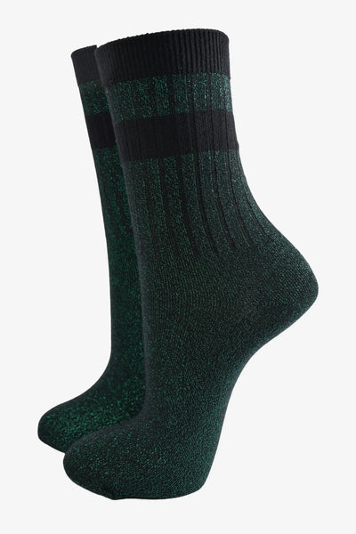 Miss Shorthair Ltd 4504grb12 Women's Sports Socks - Green, Glitter With Stripe Cuff