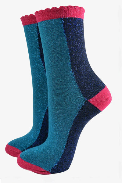 Miss Shorthair Ltd 4494tenb Women's Ankle Socks - Teal Navy Blue, Glitter Colour Block