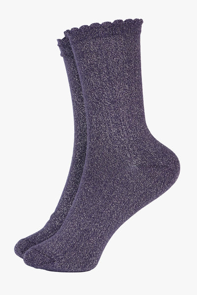 Miss Shorthair Ltd 4898nb1.1 Womens Cotton Glitter Ankle Socks Scalloped Cuff In Navy Blue Silver With A Scalloped Cuff