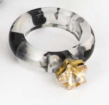 MYDORIS Medium Chunky Ring - Black & Clear With Gold Crystal Star