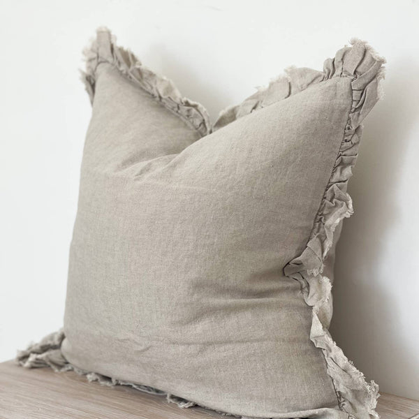 BUNNY AND CLARKE Beige Ruffled Stonewashed Linen Cushion Cover