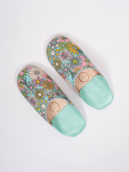 Bohemia Small Margot Floral Leather Slippers - Green/Blue Floral