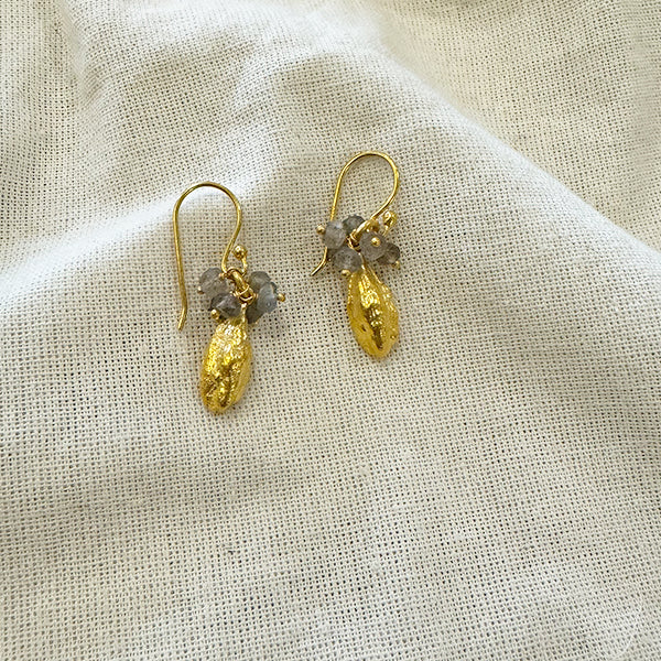 TUSKcollection Rmp61 Gold Cardamom Pod Drop Earrings With Labradorite Stones