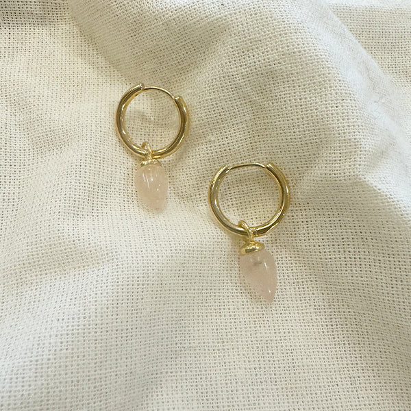 TUSKcollection Nve-03 Gold Huggie Earrings With Rose Quartz Drop Charm