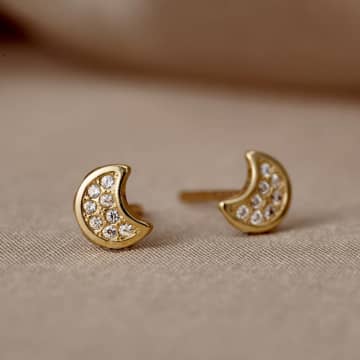 Posh Totty Designs Pave Moon 9ct Gold Stud Earrings With Cubic Zirconia In Yellow