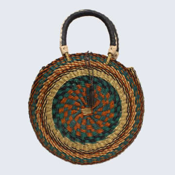 Artisans & Adventurers Teal And Orange Ghanaian Circular Basket With Leather Handles
