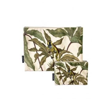 Vanilla Fly Cream/green/brown Foliage Monkey Velvet Makeup Bag In Neutrals