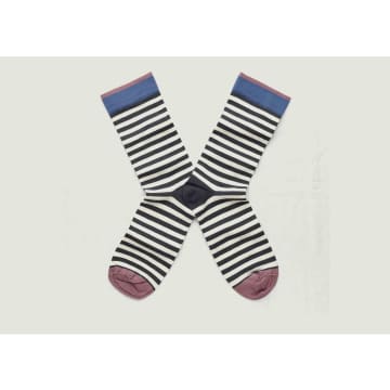 Bonne Maison Night Blue And Ecru Striped Socks With Contrasting Edges