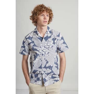 L'exception Paris Navy Blue And Grey Printed Short Sleeve Shirt In Japanese Cotton