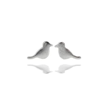 Curiouser And Curiouser Sterling Silver Sitting Bird Stud Earrings In Metallic
