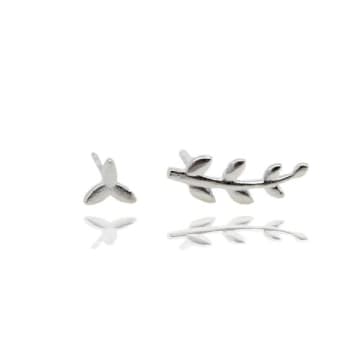 Curiouser And Curiouser Sterling Silver Leaf Branch And Tiny Shoot Stud Earrings In Metallic