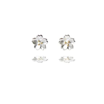Curiouser And Curiouser Sterling Silver Cherry Blossom Stud Earrings With Golden Centre In Metallic