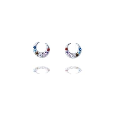 Curiouser And Curiouser Sterling Silver Sparkly Colourful Moon Stud Earrings In Metallic