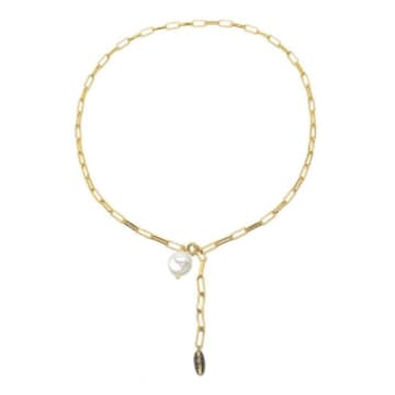 White Leaf White Freshwater Pearl Link Chain Gold Necklace