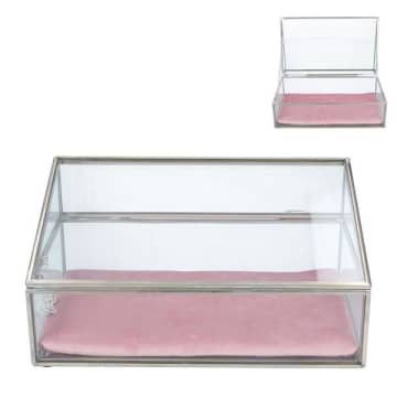 METAL & GLASS SLOPED JEWELLERY BOX WITH PINK VELVET CUSHION