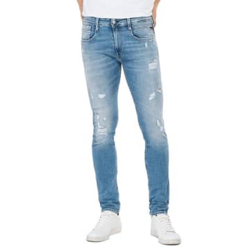 Replay Mens Light Blue Anbass Tapered-leg Mid-rise Stretch Cotton Jeans